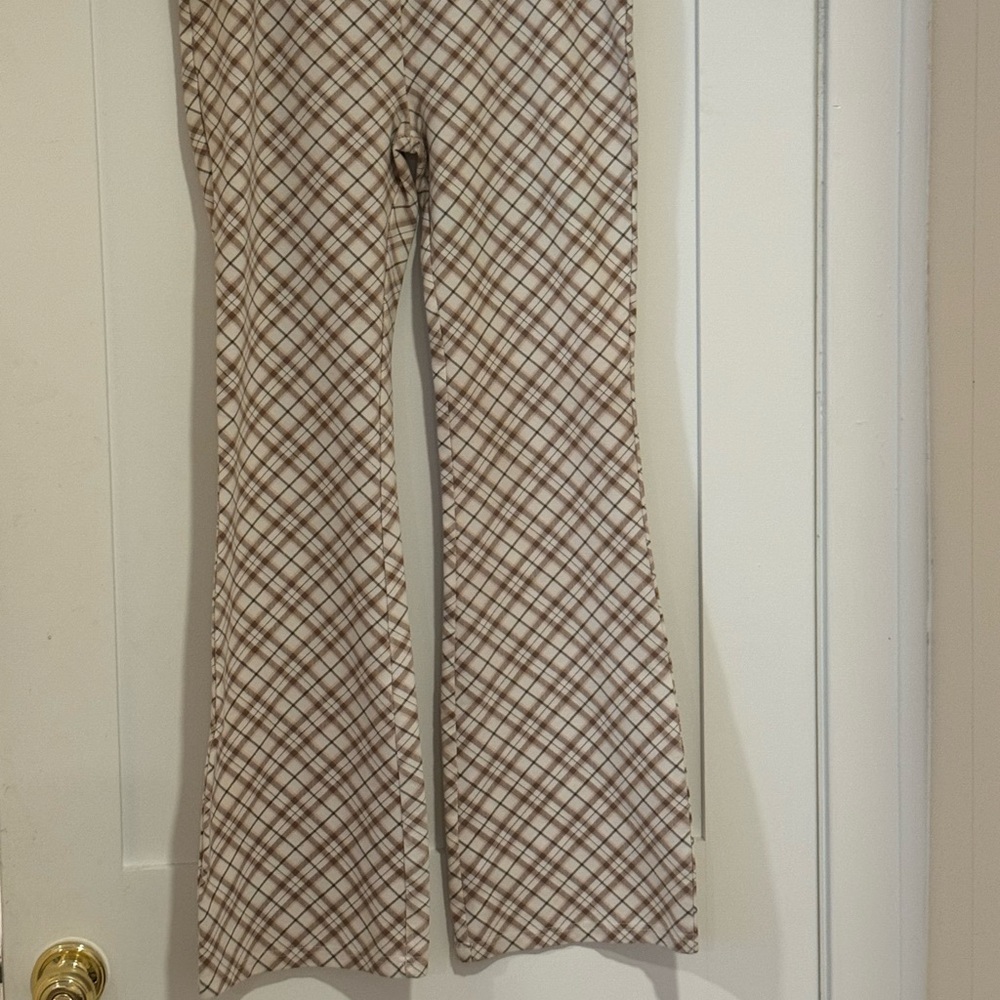 COTTON ON Women’s Plaid Checkered Brown White Flared Stretchy Pull On Pants Med
